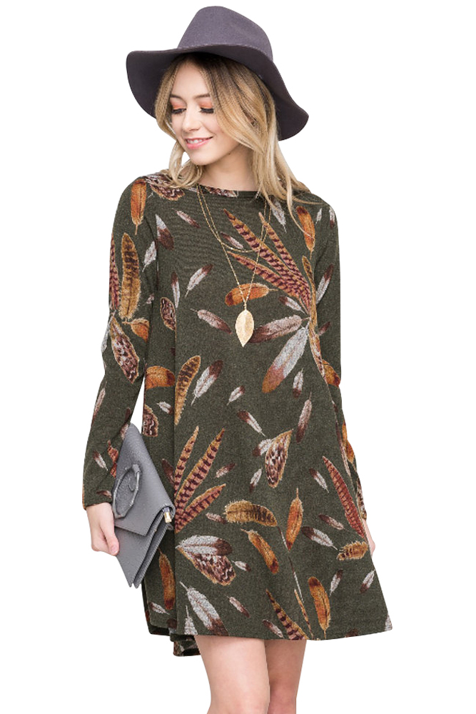 BY220210-9 Olive Feather Graphic Pocket Tunic Dress